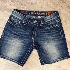 Miss Me Womens Size 30 Bermuda Jean Shorts Dark Wash Thick Stitch Mid Rise